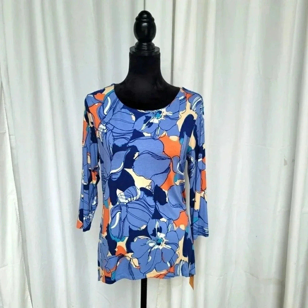 NWOT Ruby Rd Women Petite Size PM Blue Floral Flower Shirt 3/4 Sleeve Round Neck